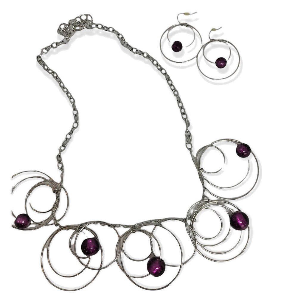 Jewelry Set 22"β Necklace Pierced 1.5" Drop Earring Silvertone Circles Purple